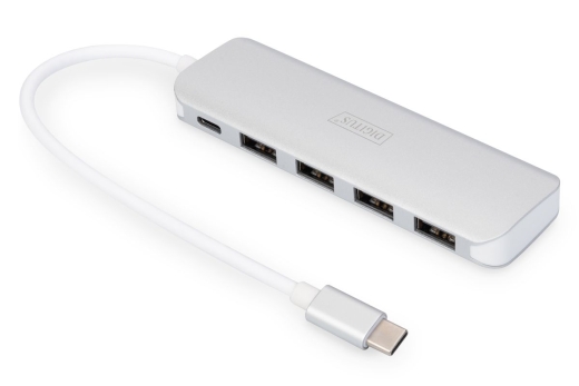 DIGITUS USB-C-Hub 4-Port 3.0->4xA3.0 1xC-PD intgr.Kabel wei