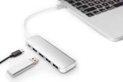DIGITUS USB-C-Hub 4-Port 3.0->4xA3.0 1xC-PD intgr.Kabel wei