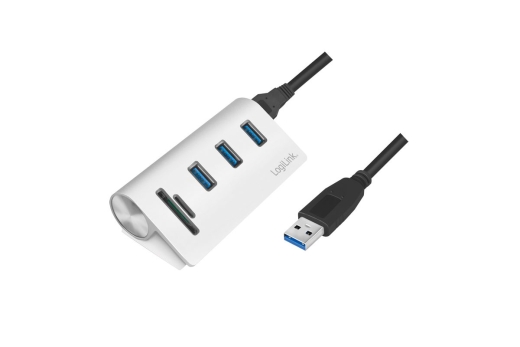 Logilink USB 3.0 HUB 3-Port, mit Kartenleser, ALU, silber