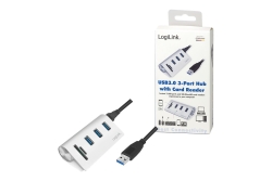 Logilink USB 3.0 HUB 3-Port, mit Kartenleser, ALU, silber