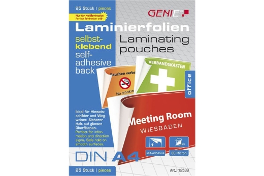 GENIE Laminiertaschen 25 A4 selbstklebend 80 Mic.