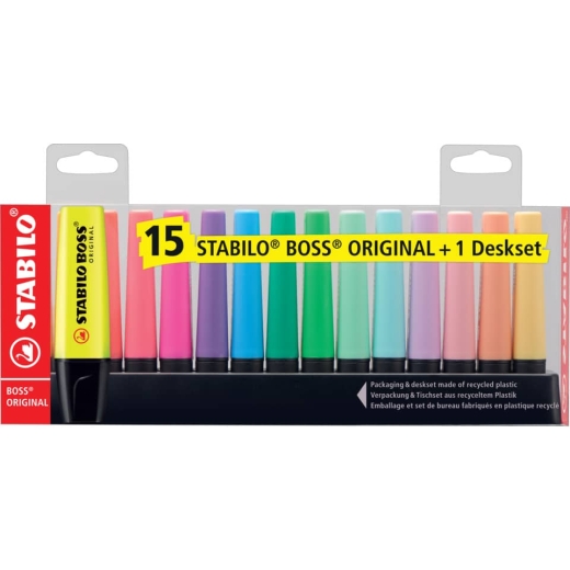 Textmarker - BOSS ORIGINAL - 15er Tischset - 9 Leuchtfarben, 6 Pastellfarben