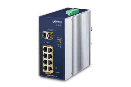 PLANET Industrial 8-Port GE 802.3at PoE + 2 1000X SFP +12V
