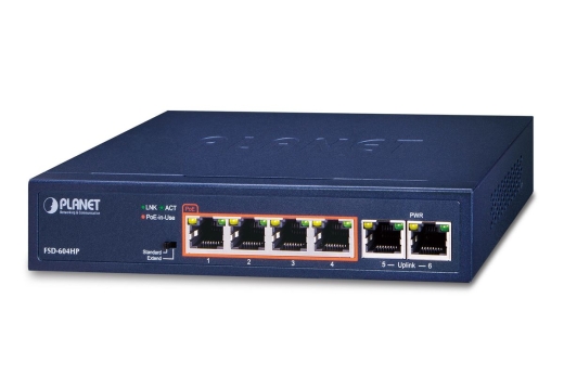 PLANET 4-Port 10/100TX 802.3at PoE + 2-Port 10/100TX (60W)