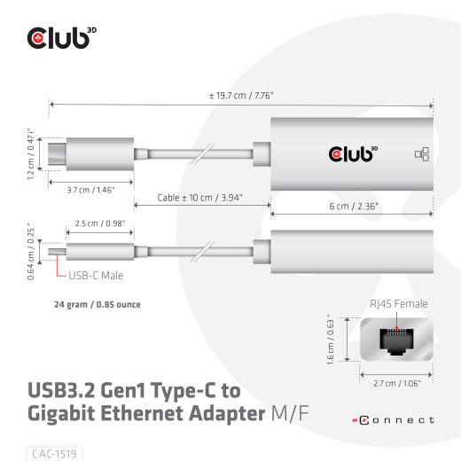 Club3D Adapter USB 3.2 Typ C > RJ45 Gigabit LAN St/Bu retail