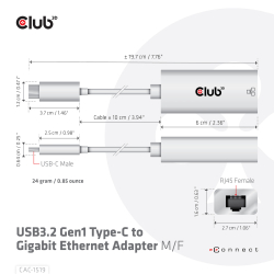 Club3D Adapter USB 3.2 Typ C > RJ45 Gigabit LAN St/Bu...