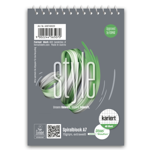 Spiralblock - A7, 40 Blatt, 70 g/qm, kariert