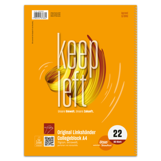 Collegeblock LIN22 für Linkshänder, A4, 80 Blatt, 70g/m², kariert