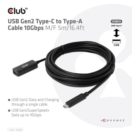 Club3D Kabel USB 3.2 Typ C <> USB Typ A 10Gbps St/Bu 5m retail