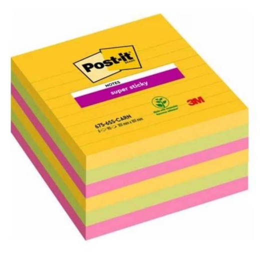 Haftnotizblock Super Sticky Notes Carnival Collection, 101 x 101mm, liniert, 6 x 90 Blatt, sortiert