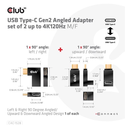 Club3D Adapter USB 3.2 Typ C <> USB 3.2 Typ C gewinkelt St/B retail