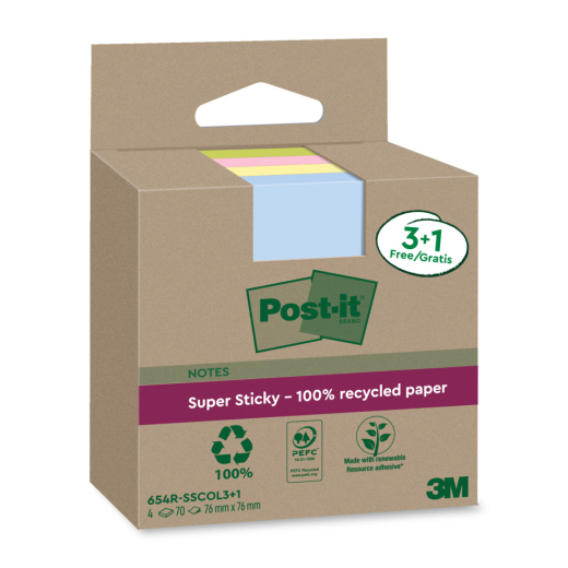 Haftnotizblock Super Sticky Recycling Notes aus 100% recyceltem Papier, 76x76 mm, farbig, 4 x 70 Blatt