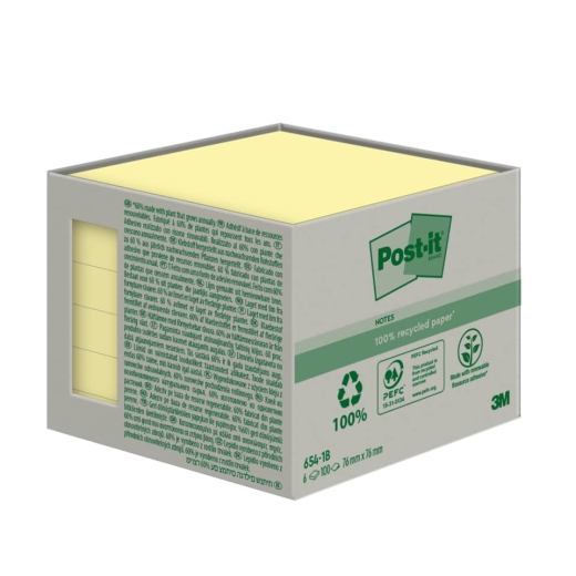 Haftnotizblock Recycling Notes, 76x76mm, 6x100 Blatt, gelb
