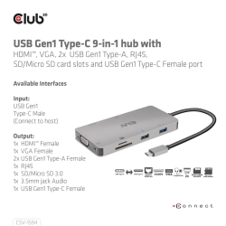 Club3D USB-C 9in1-HUB >HDMI/VGA/2xUSB/USB-C/RJ45/SD...