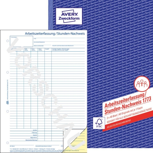 1773 Stunden-Nachweis, DIN A4, selbstdurchschreibend, 2 x 40 Blatt, weiß, gelb