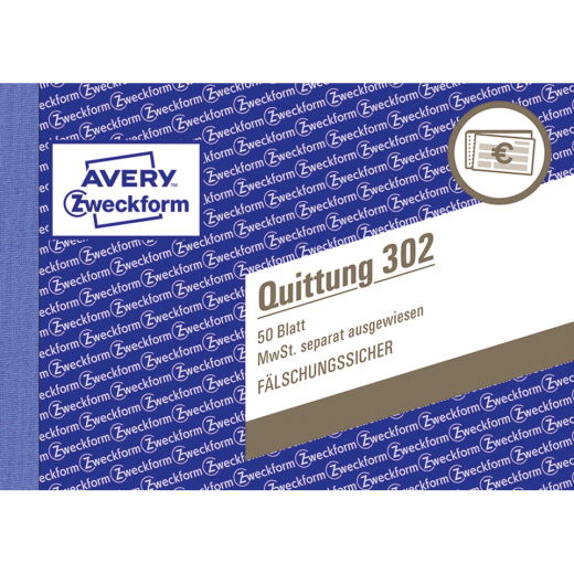 302 Quittung MwSt. separat ausgewiesen - A6 quer, MP, fälschungssicher, 50 Blatt, weiß