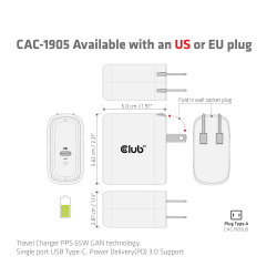Club3D Ladegerät 1xUSB Typ C PD 65W, GaN retail