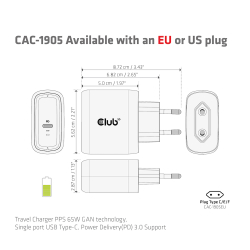 Club3D Ladegerät 1xUSB Typ C PD 65W, GaN retail