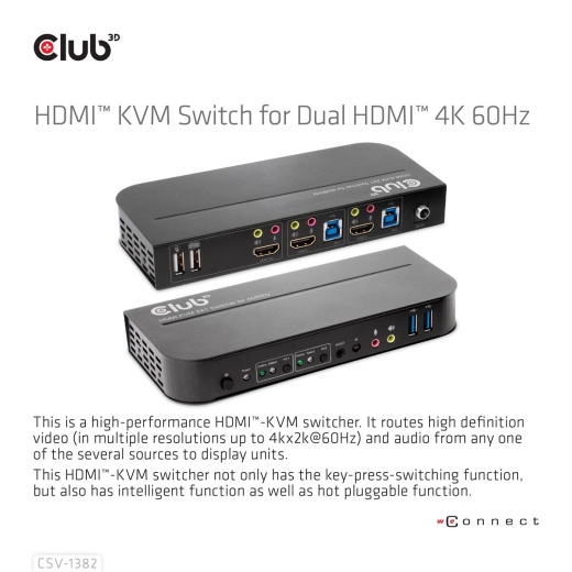 Club3D KVM Switch 4K60Hz 2x HDMI > HDMI/2xUSB/Audio retail
