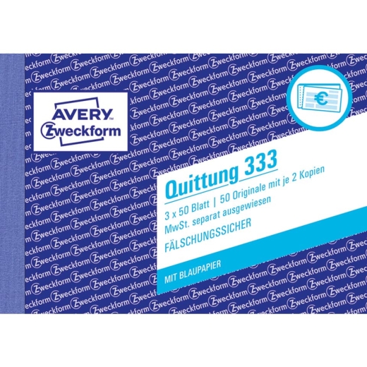 333 Quittung MwSt. separat ausgewiesen - A6 quer, MP, BL, fälschungssicher, 3 x 50 Blatt, weiß