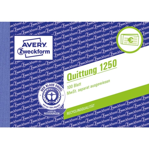 1250 Quittung MwSt. separat ausgewiesen - A6 quer, MP, fälschungssicher, 100 Blatt, weiß