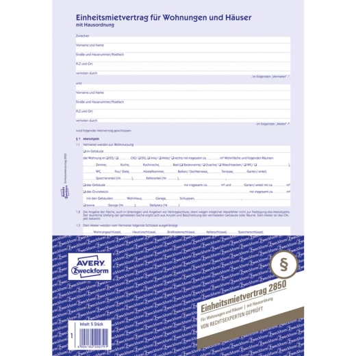 2850 Einheitsmietvertrag - Wohnungen und Häuser, DIN A4, mit Hausordnung, blau