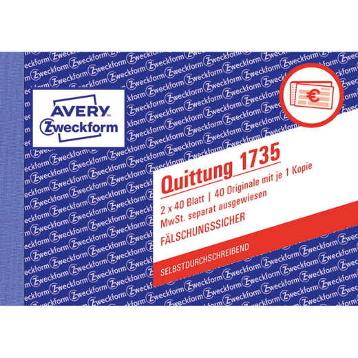 1735 Quittung MwSt. separat ausgewiesen, DIN A6 quer, fälschungssicher, 2 x 40 Blatt, weiß, gelb