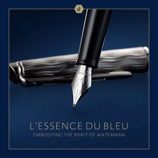 Waterman Hémisphère Füllfederhalter | Metall und blaue Lackierung | ziselierte Kappe | mittlere Feder aus Edelstahl | blaue Tinte | Geschenkbox |