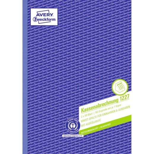 1227 Kassenabrechnung - MwSt.-Spalte, A4, Recycling, Blaupapier, 2x 50 Blatt