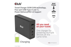 Club3D Ladegerät 3xUSB Typ C, 1xUSB Typ A, PD 132W, GaN retail