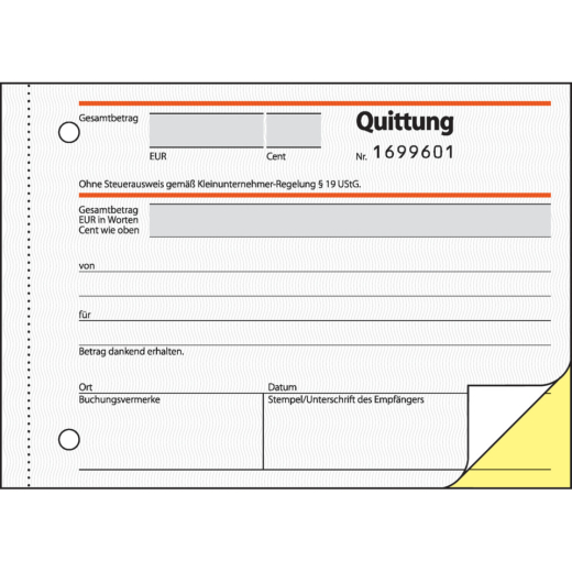 Quittung für Kleinunternehmer ohne MwSt.-Ausweis - A6, MP, SD, 2 x 30 Blatt