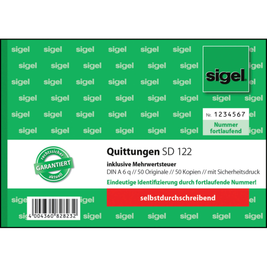 Quittung inkl. MwSt. mit Sicherheitsdruck - A6 quer, SD, 2 x 50 Blatt