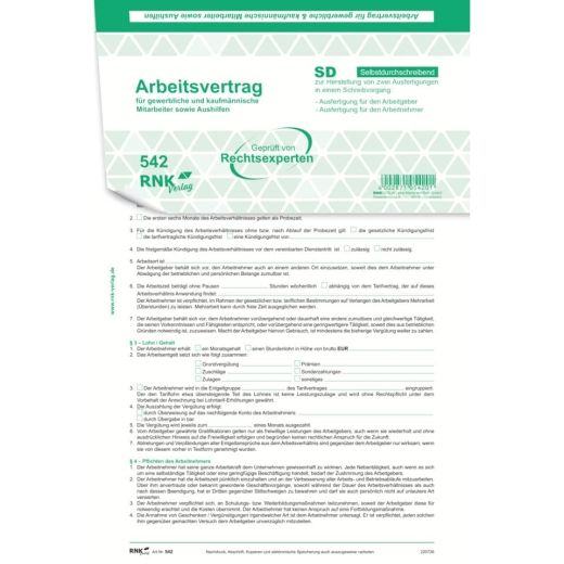 Arbeitsvertrag für gewerbliche Arbeitnehmer - SD, 2 x 2 Blatt, DIN A4, 10 Stück