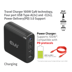 Club3D Ladegerät 2xUSB Typ C, 2xUSB Typ A, PD 100W,...