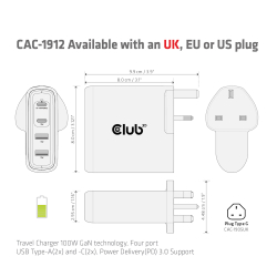 Club3D Ladegerät 2xUSB Typ C, 2xUSB Typ A, PD 100W, GaN retail