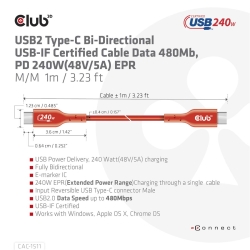 Club3D Kabel USB 2 Typ C PD 240W / 480Mb 1m St/St retail