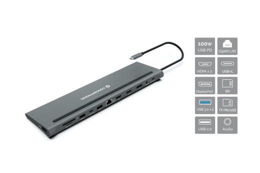 CONCEPTRONIC 12-1 Dock USB-C->2xHDMI/3xUSB-A/DP/+ 18cm gr