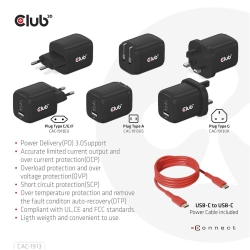 Club3D Ladegerät 2xUSB Typ C, 1xUSB Typ A, PD 65W,...