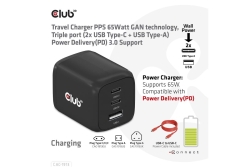 Club3D Ladegerät 2xUSB Typ C, 1xUSB Typ A, PD 65W, GaN retail