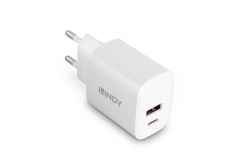 LINDY USB 2-Port Charger 20W, 1x USB-C PD & 1x USB-A,...