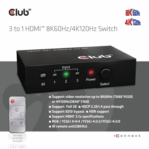 Club3D HDMI Switchbox 3 Eingänge -> 1 Ausgang 8K60Hz UHD retail