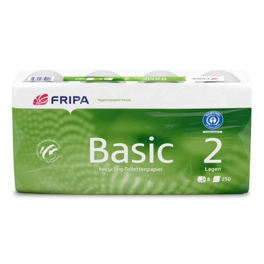 Toilettenpapier Basic - 2-lagig, recycling, geprägt, hochweiß, 8 Rollen à 250 Blatt