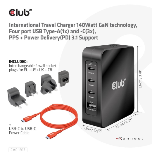Club3D Ladegerät 3xUSB Typ C, 1xUSB Typ A, PD 140W, GaN retail