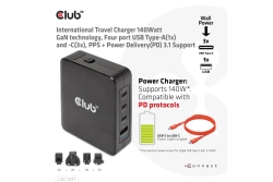 Club3D Ladegerät 3xUSB Typ C, 1xUSB Typ A, PD 140W,...