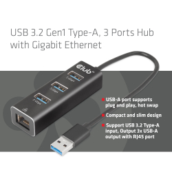 Club3D Adapter USB 3.2 Typ A > 3x USB 3.2 Typ A/LAN...