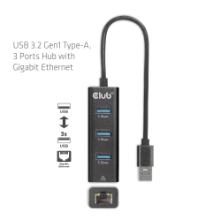 Club3D Adapter USB 3.2 Typ A > 3x USB 3.2 Typ A/LAN retail