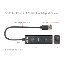 Club3D Adapter USB 3.2 Typ A > 3x USB 3.2 Typ A/LAN retail