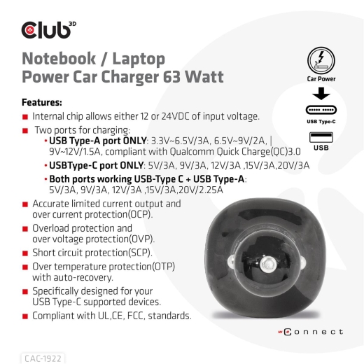 Club3D USB KFZ-Ladegerät 1xUSB C, 1xUSB A, 63W, 12/24V retail