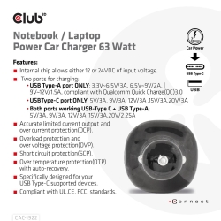 Club3D USB KFZ-Ladegerät 1xUSB C, 1xUSB A, 63W,...