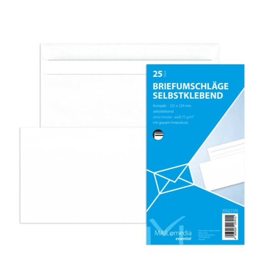 Kompaktumschläge ohne Fenster (229x125 mm), selbstklebend, 75 g/qm, 25 Stück
